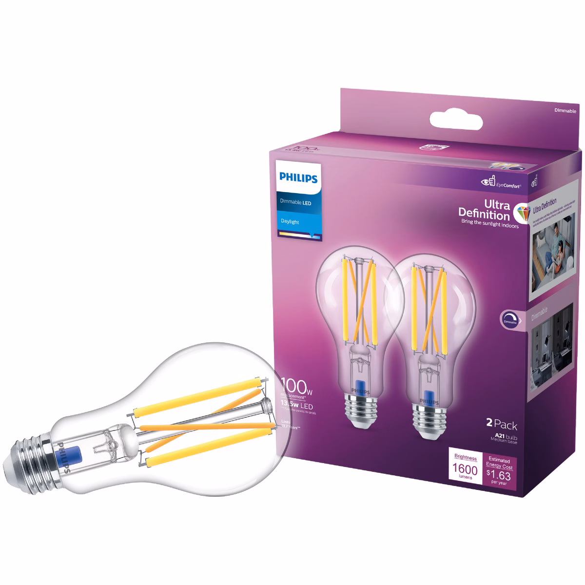 Philips Ultra Definition 100W Equivalent Daylight A19 Medium Dimmable LED Light Bulb, Clear (2-Pack)