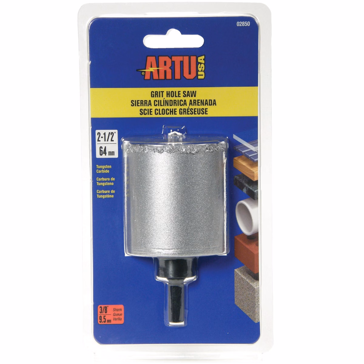 ARTU 2-1/2 In. Tungsten Carbide Grit Hole Saw with Arbor and Pilot Bit