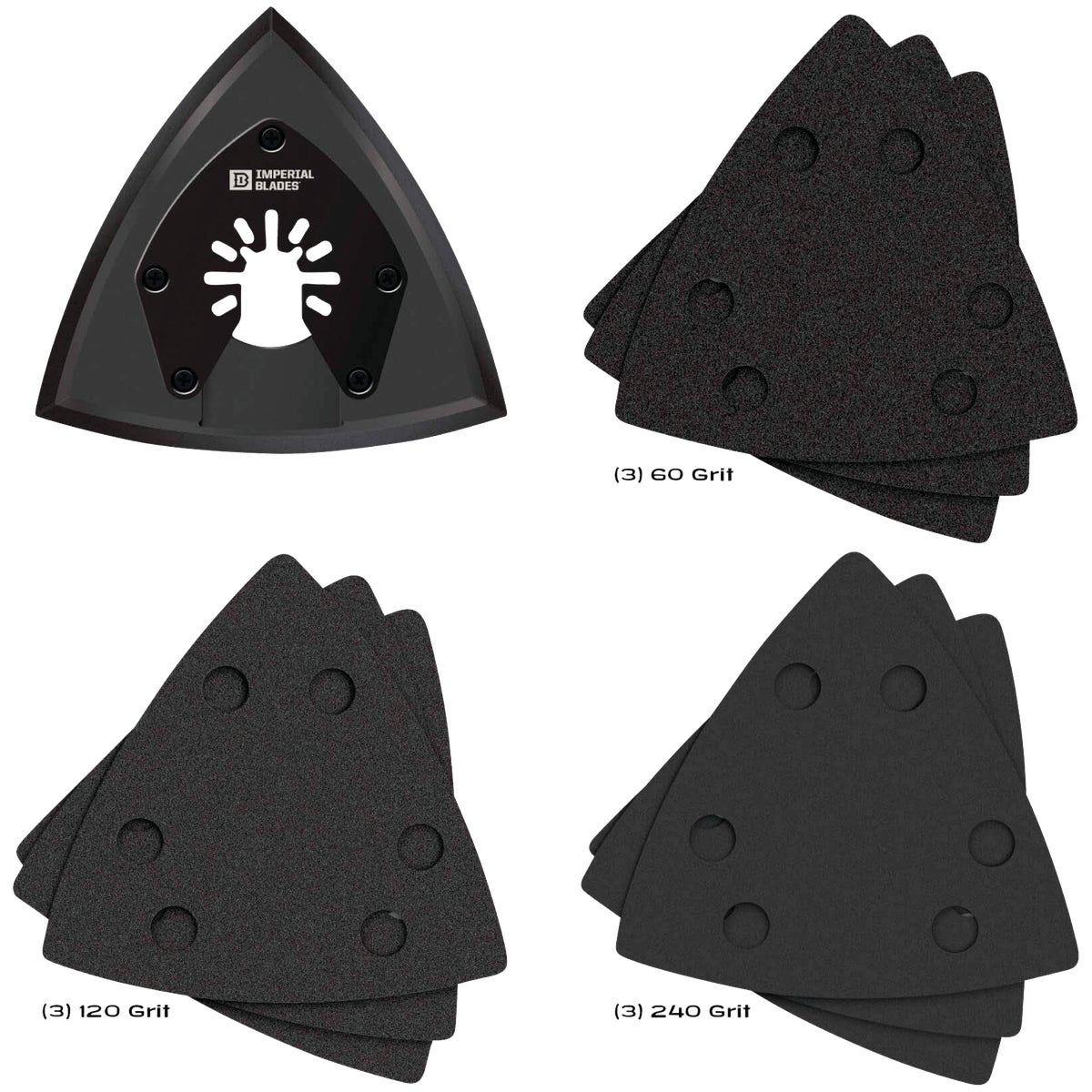 Imperial Blades ONE FIT 60/120/240 Grit Triangle Sandpaper Variety Pack with Sanding Pad (10-Pack)