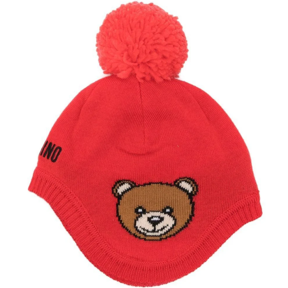 Moschino Baby Kids Logo Pom-Pom Knit Hat – Poppy Red