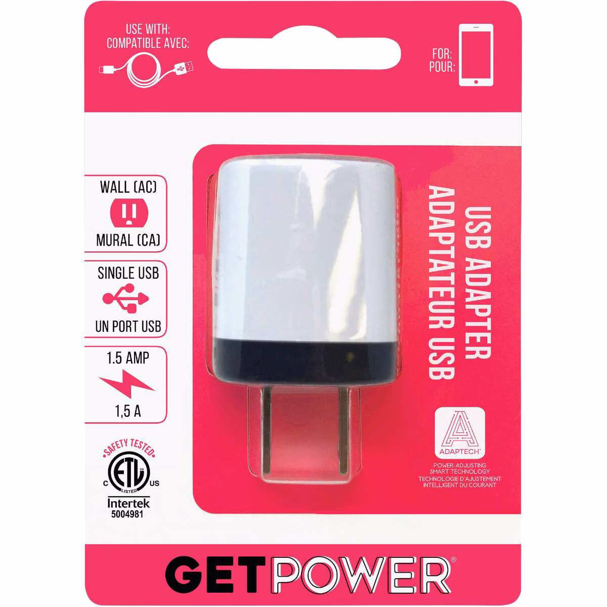 GetPower Single USB to AC White Wall Adapter Charger