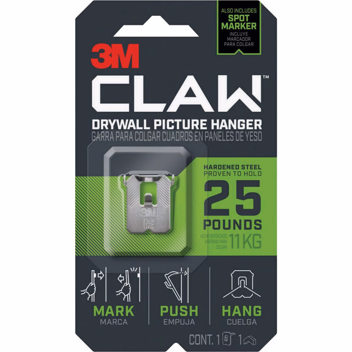 3M Claw 25 Lb. Drywall Picture Hanger with Temporary Spot Marker, 1 Hanger, 1 Marker