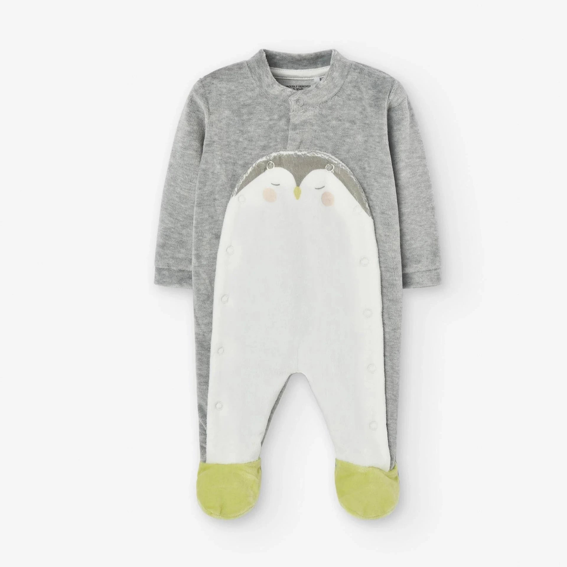 Losan Baby PENGUIN Velour Sleepsuit – Grey/White – Newborn