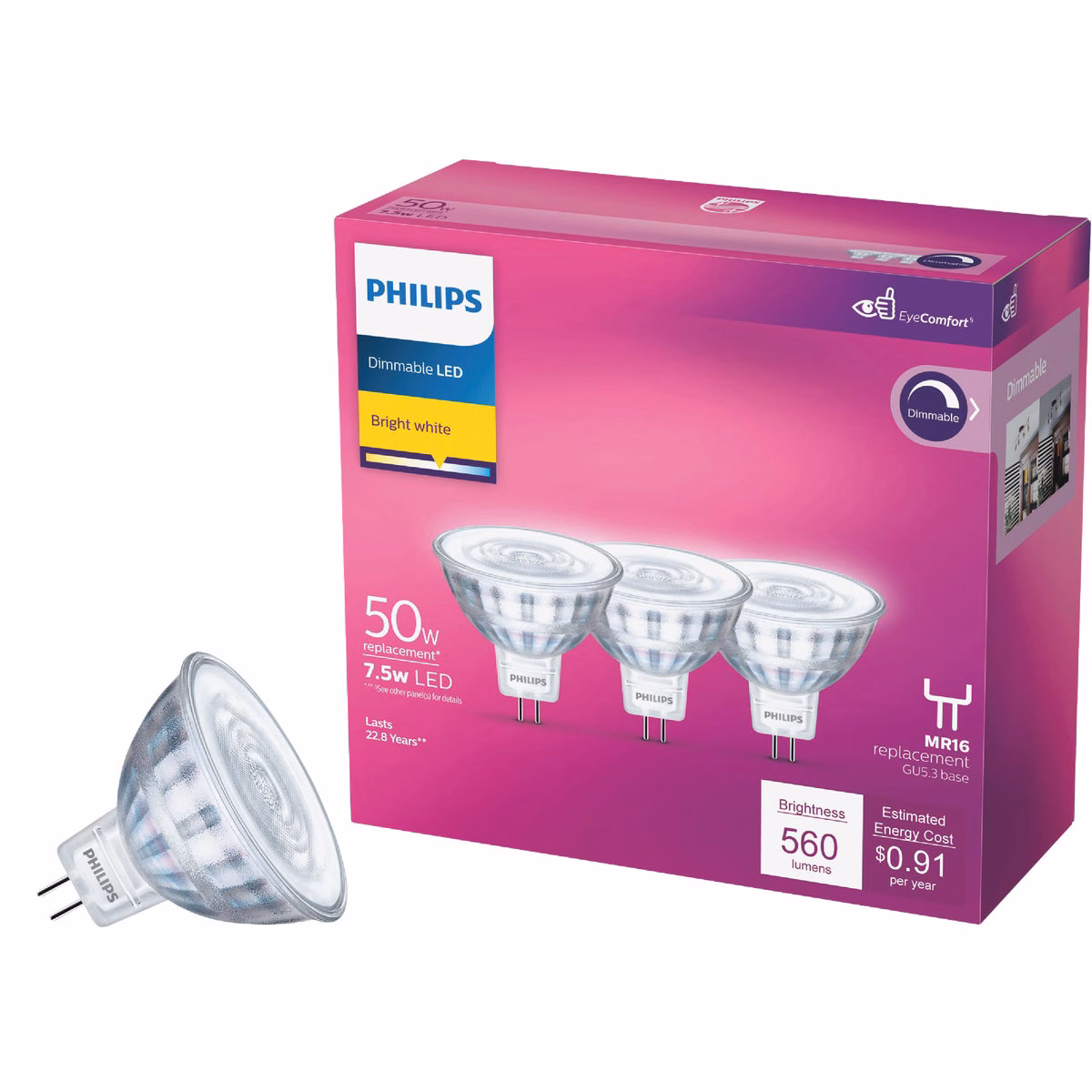 Philips Classic Glass 50W Equivalent Bright White MR16 GU5.3 LED Floodlight Light Bulb (3-Pack)