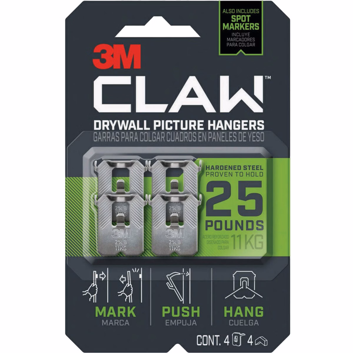 3M Claw Drywall Picture Hanger with Temporary Spot Marker, Holds 25 Lb., 4 Hangers, 4 Markers
