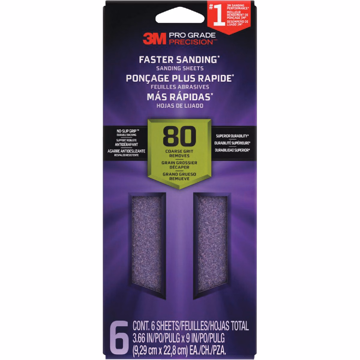 3M Pro Grade Precision 3-2/3 In. x 9 In. 80 Grit 1/3 Sheet Sandpaper with No-Slip Grip Backing (6-Pack)