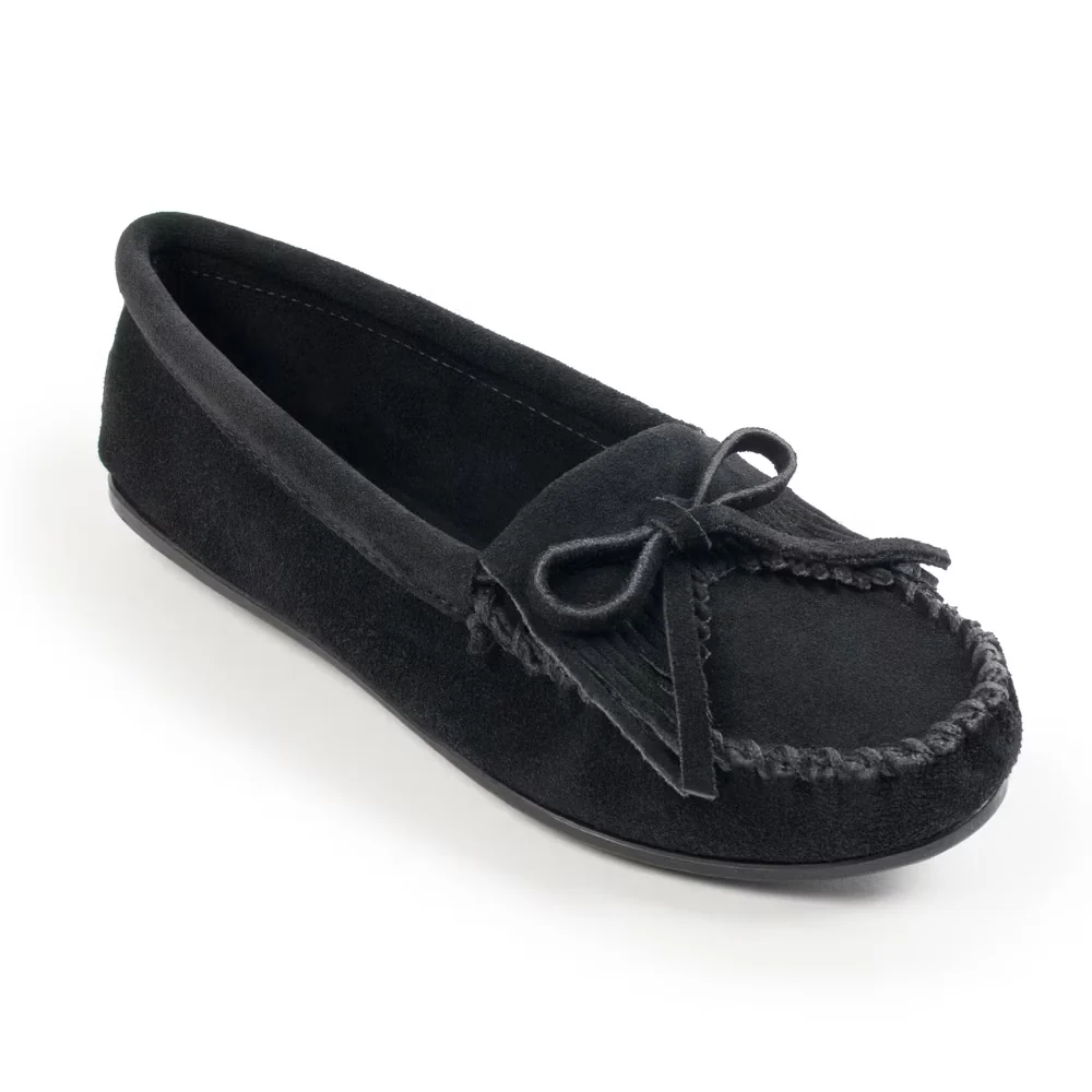 Minnetonka Moccasins Women’s Kilty Hardsole Leather Shoes – Black [Displayed Items, Never Worn]