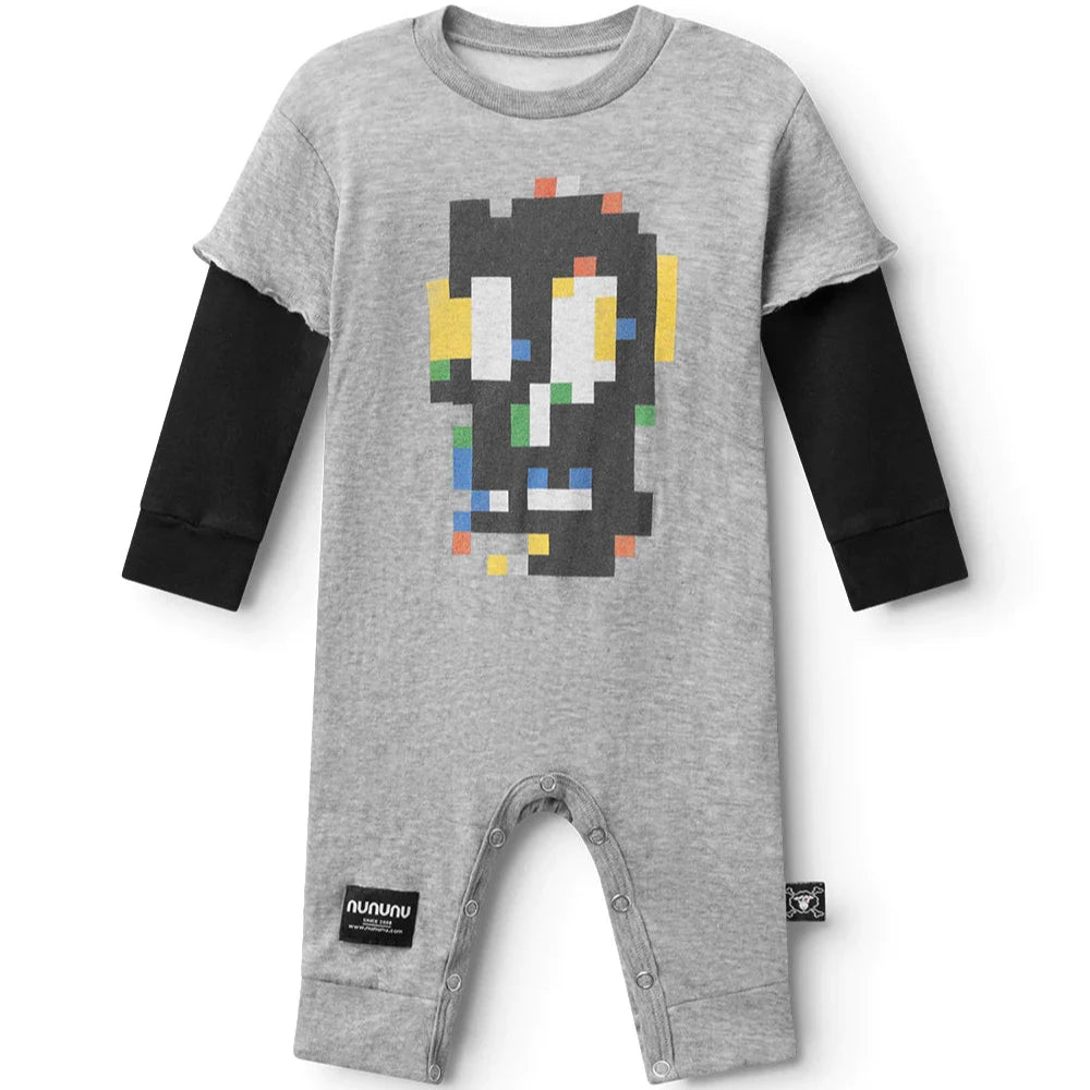 Nununu Baby SOFT PIXEL SKULL OVERALL – HEATHER GREY – 12M