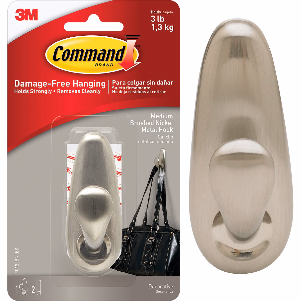 Command Medium Forever Classic Hook, Brushed Nickel, 1 Hook, 2 Strips