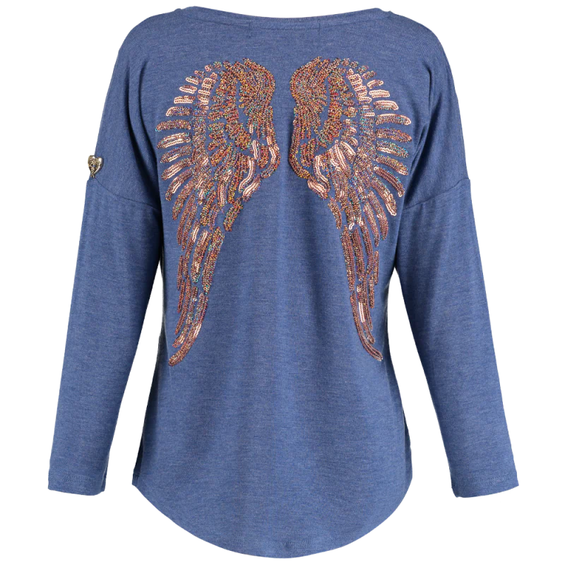 Angel’s Face Girls Long Sleeve Slouch Wings Sequin Top – Denim Blue