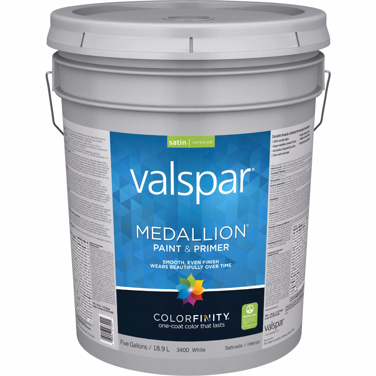 Valspar Medallion 100% Acrylic Paint & Primer Satin Interior Wall Paint, White, 5 Gal.