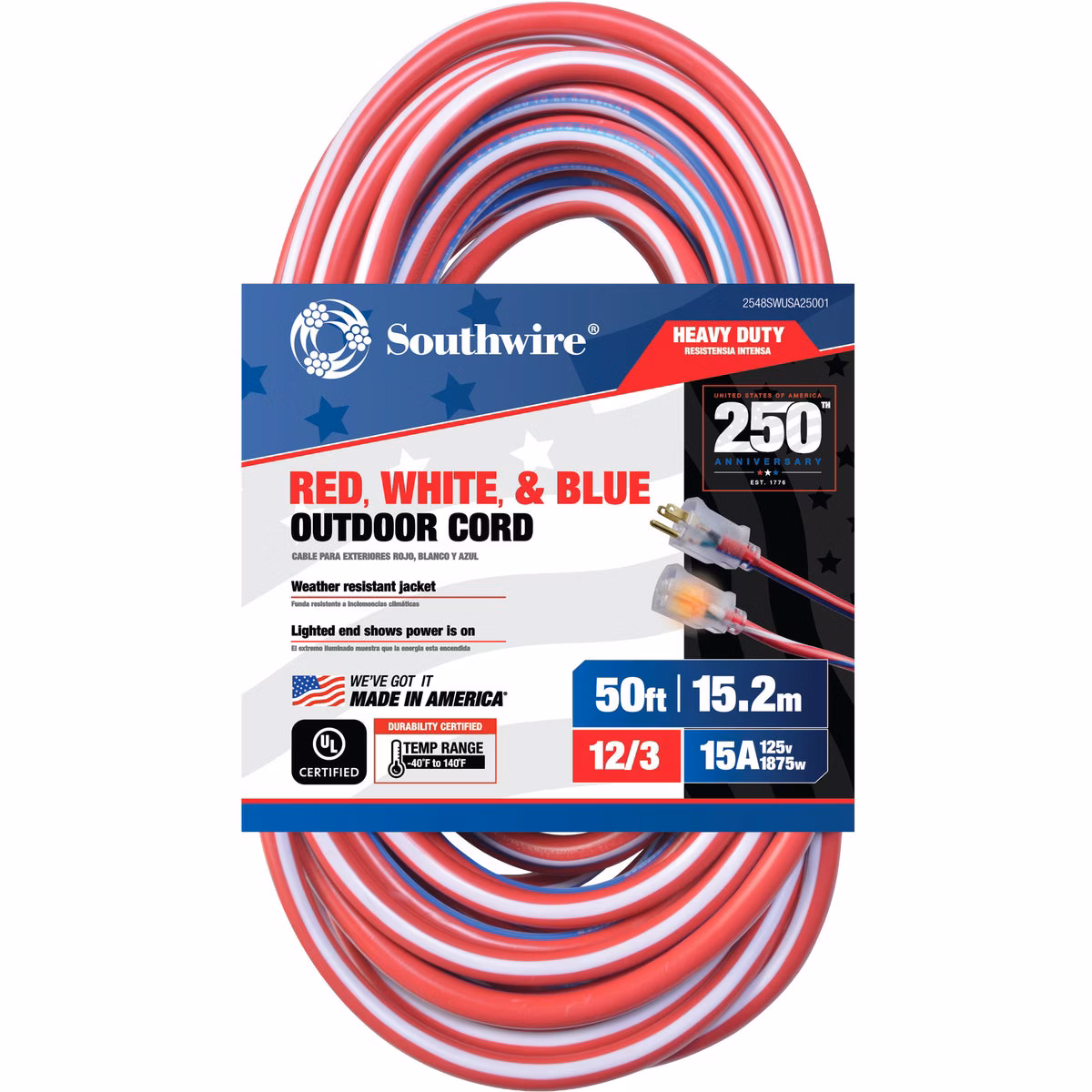 Southwire Wounded Warrior Project 50 Ft. 12/3 Indoor/Outdoor Red, White, & Blue Striped Patriotic Extension Cord
