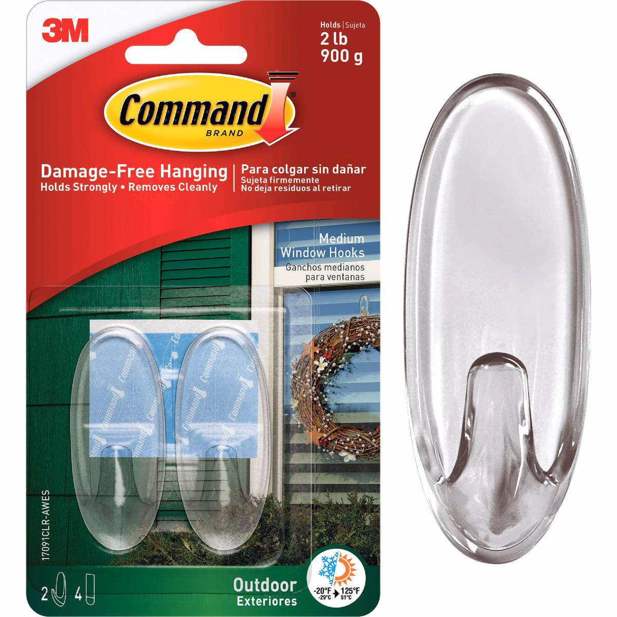 Command Outdoor Medium Clear Window Hooks, 2 Hooks, 4 Strips