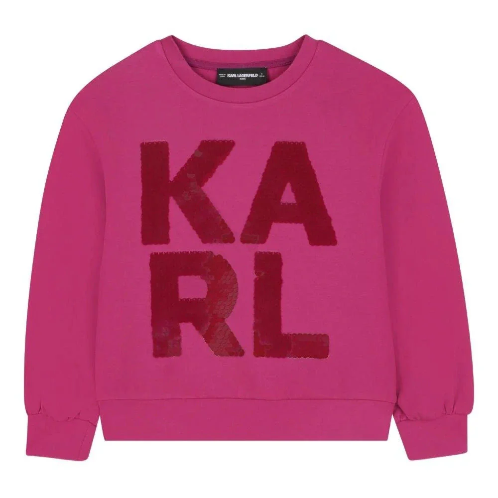 Karl Lagerfeld Kids Girls Fuchsia Sweatshirt with Sequin Logo – 8Y