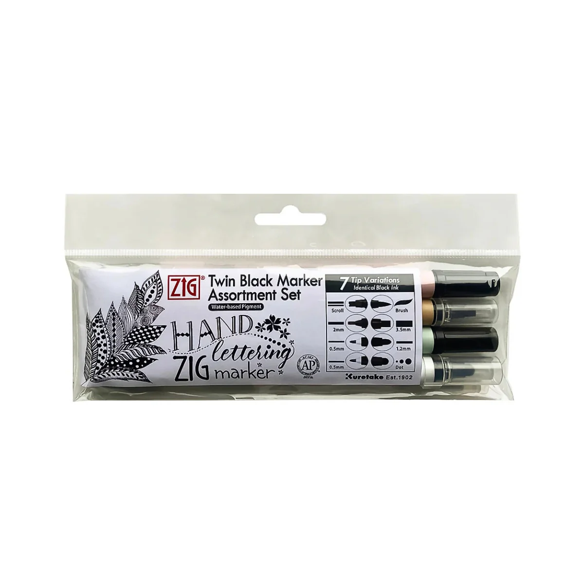 Kuretake ZIG Twin Black Marker Assortment Set – 4 Dual-Tip Pens