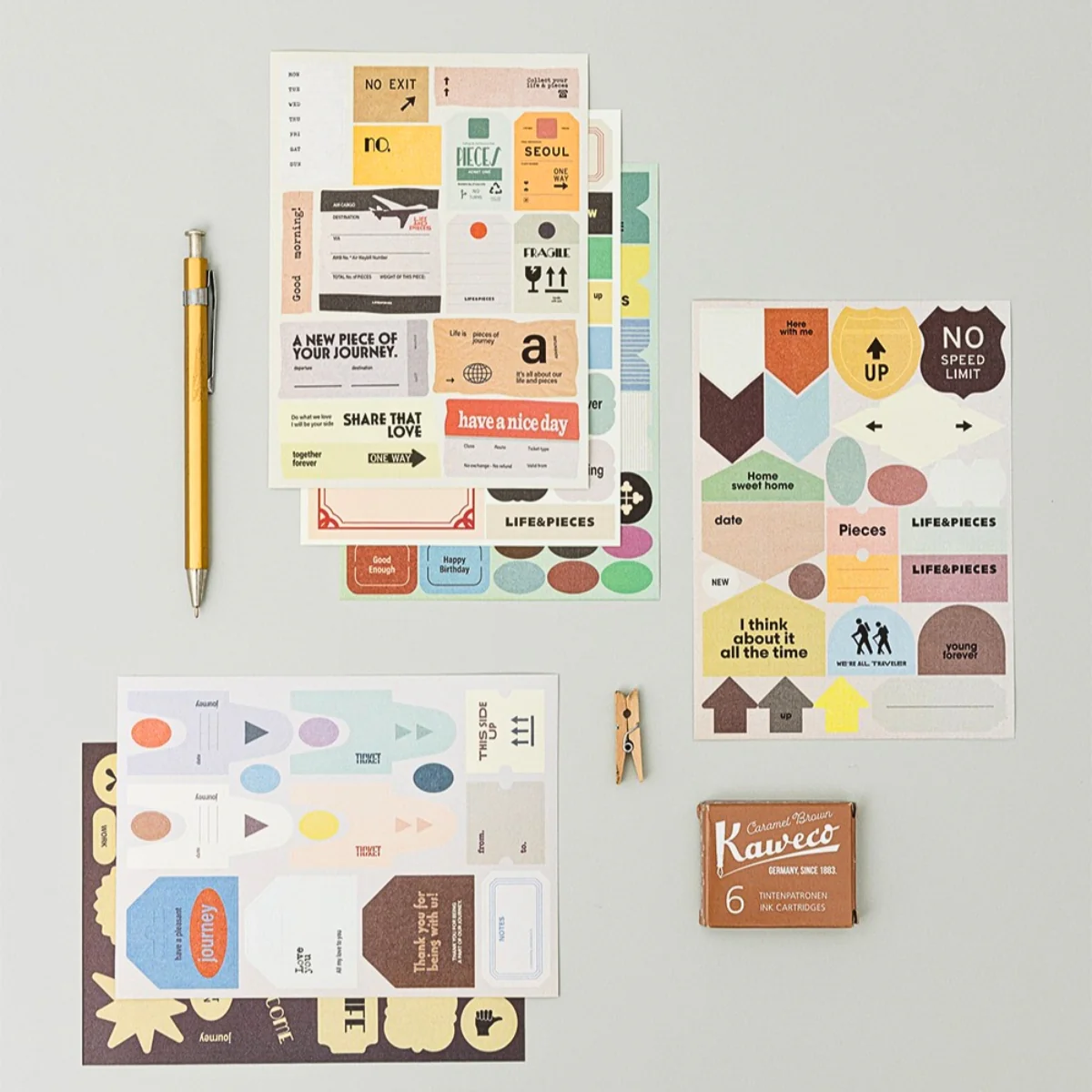 Livework LIFE & PIECES Vintage Label Sticker Set – 6 Sheets Decorative Planner Stickers