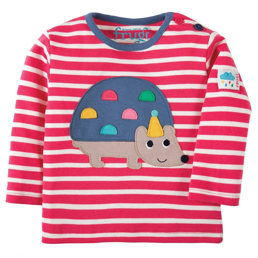 Frugi Baby’s Button Applique Top in Raspberry with Hedgehog – 6-12M